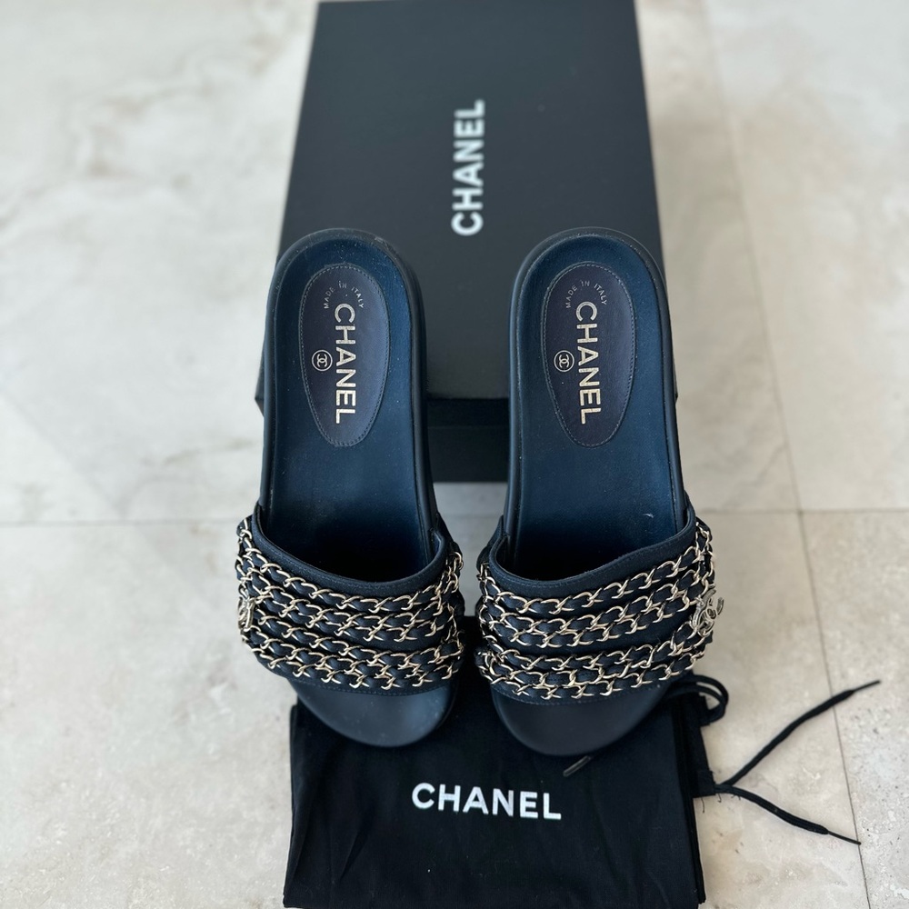 Chanel Navy Women's Slide Sandals with gold hardware
